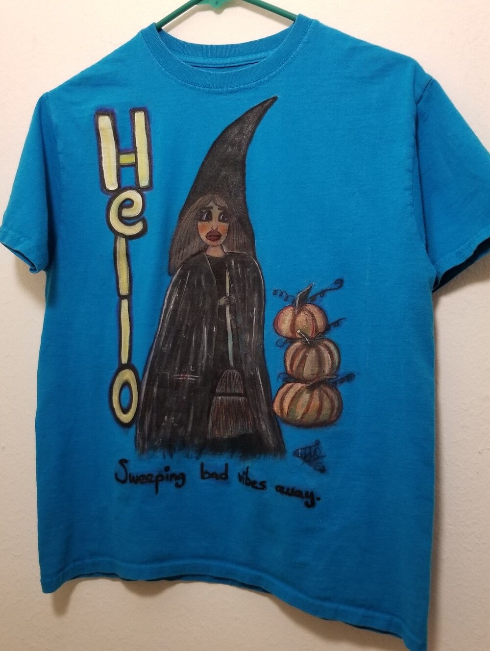 Fruit of the Loom Kid's XL Bright Blue Customized Halloween Witch T-Shirt